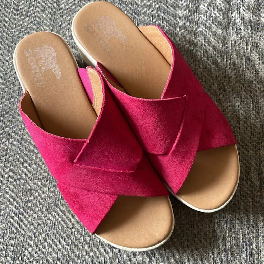 Sorel Pink Suede Platform Slide Sandals, 8